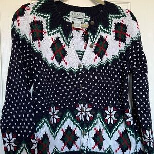 Izod Women's Christmas Holiday Cardigan - Navy, White, Green sz M